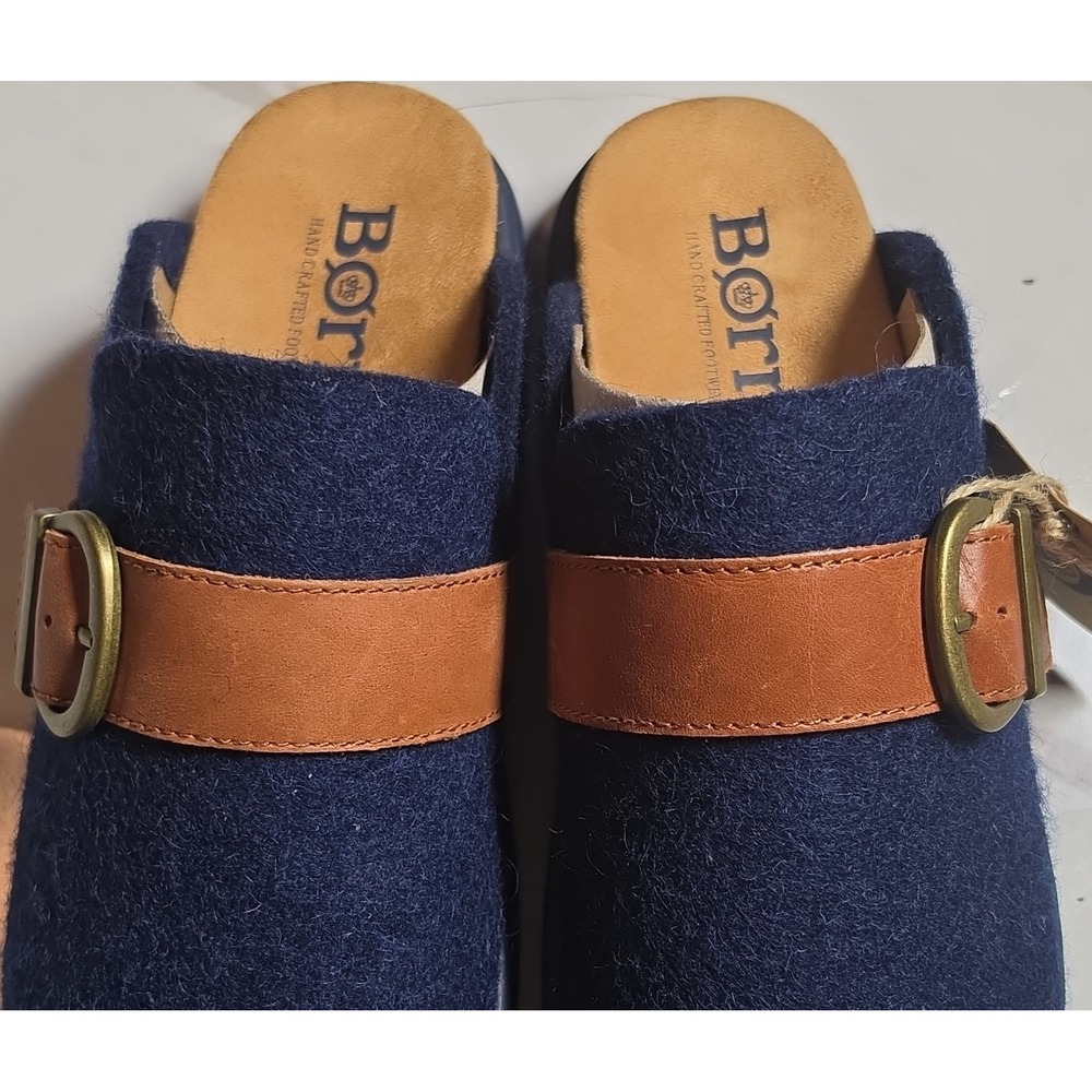 Born Men's Blue Wool Leather Clog Slippers Brown Buckle Strap Solid US 8